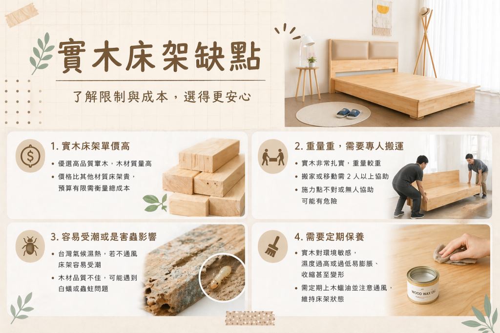 實木床架缺點有以下四項：1. 單價偏高，2. 重量重需專人搬運。3. 容易受潮與被蟲蛀，4. 需定期保養