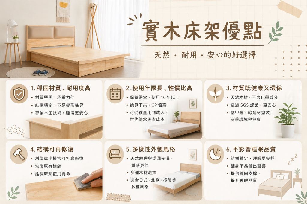 實木床架優點很多：穩固耐用、使用年限長、CP值高、材質健康環保、結構輕鬆修復、外觀風格多樣、不影響睡眠品質，因此實木床架推薦的人超多