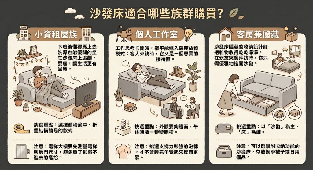 沙發床推薦特別適合小資族、個人工作室、以及想將客方作為儲藏空間的族群購買